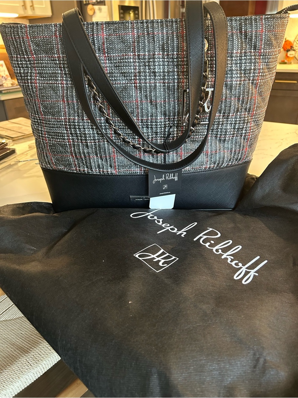 Joseph Ribkoff Black, Gray and Red Plaid Chain-Accent Tote